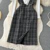 Autumn And Winter Fashionable Knitted Sweater + Bird Check Single-Breasted Straps Skirt Two-Piece Set