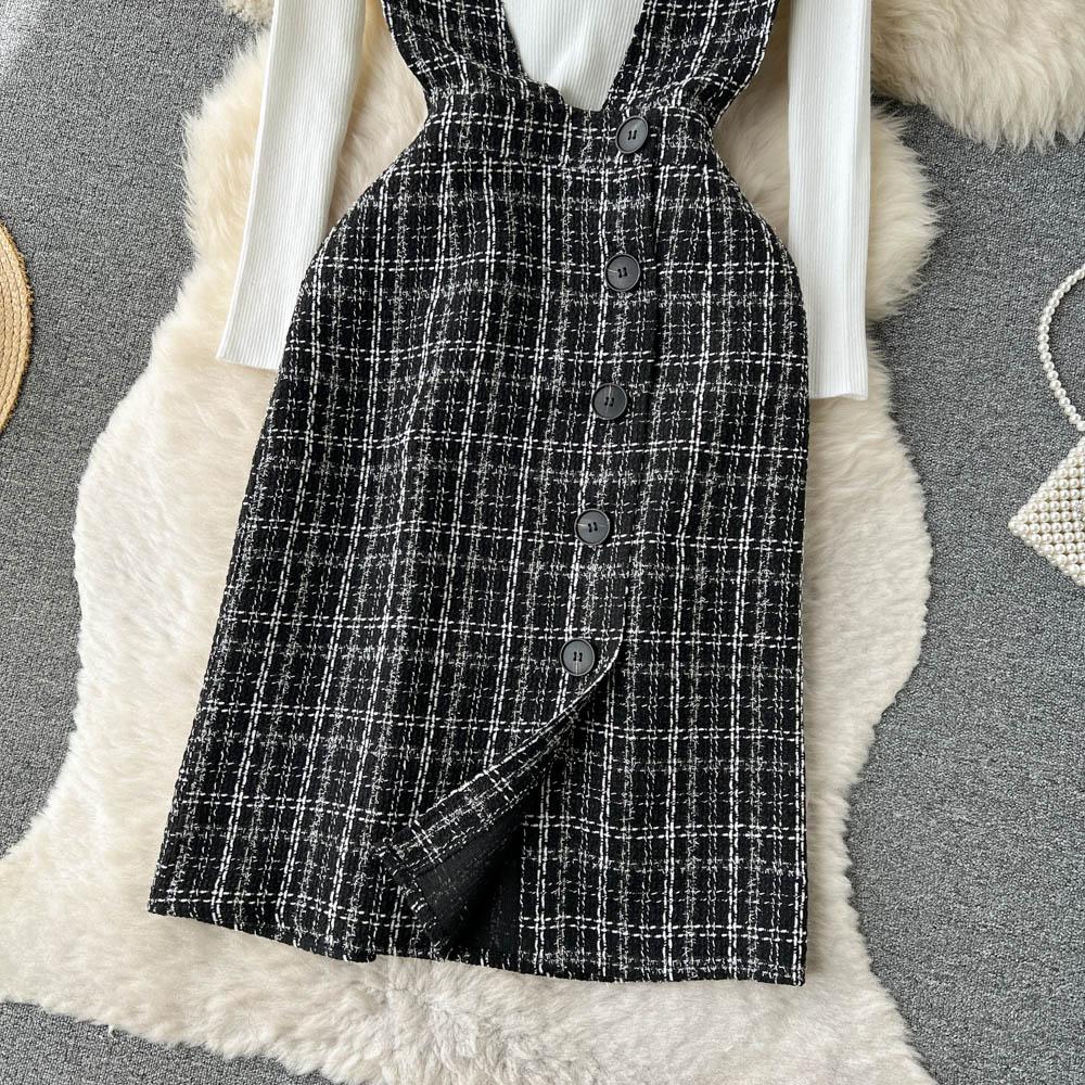 Autumn And Winter Fashionable Knitted Sweater + Bird Check Single-Breasted Straps Skirt Two-Piece Set