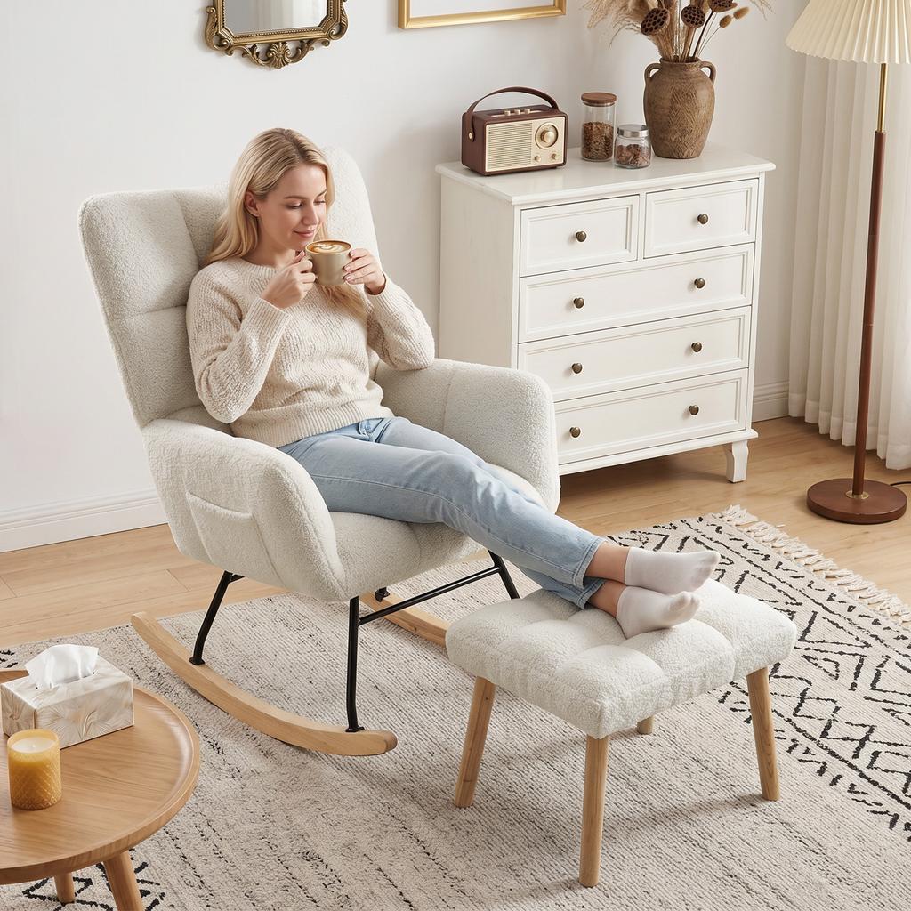 Rocking Chair with Footrest, Boucle Fabric, Padded Seat, Wide Backrest, Cream