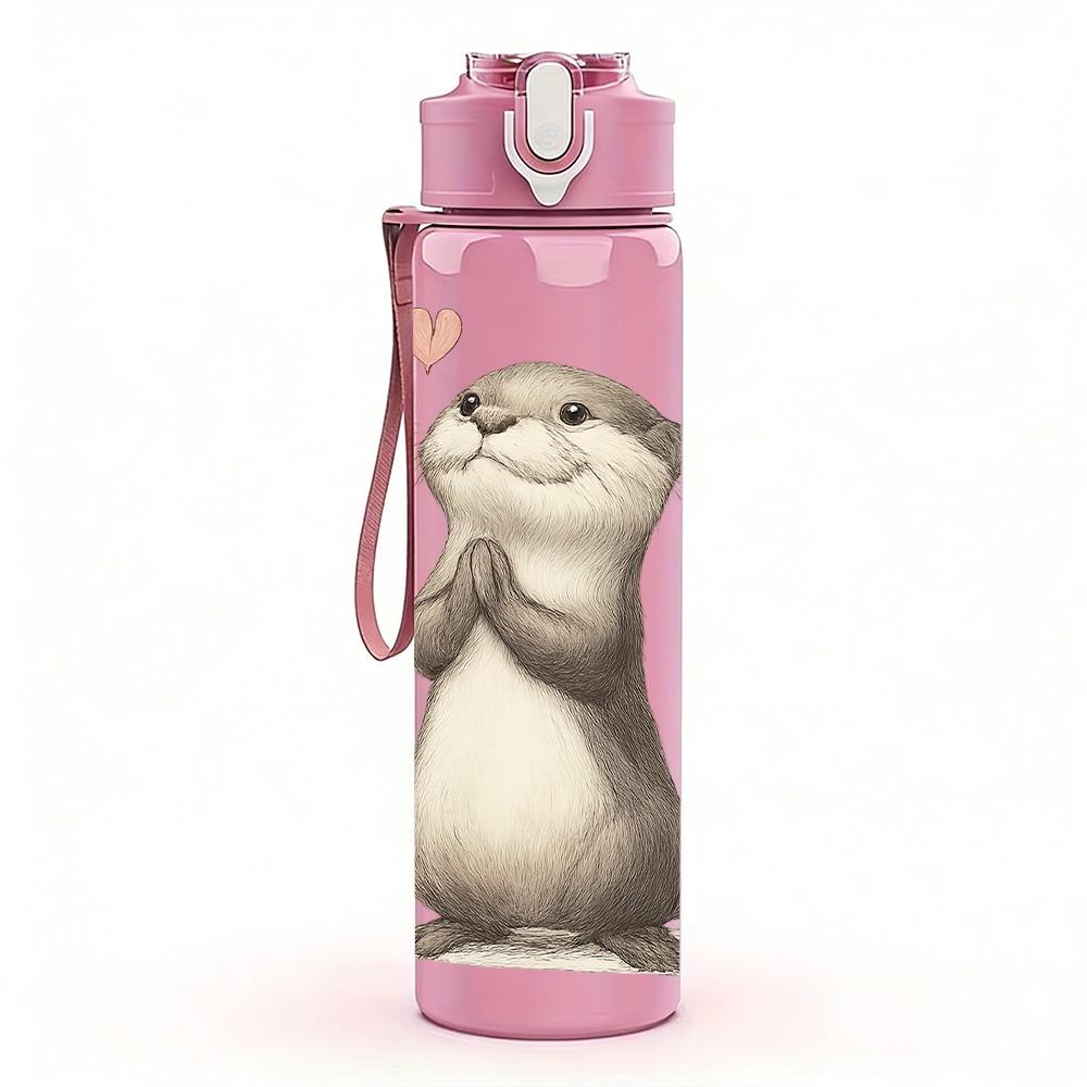 1PC Cute Otter Heart Bust Print 750ml Color Plastic Sports Water Bottle Leakproof Flip Straw Lid For Sports Office Home Use