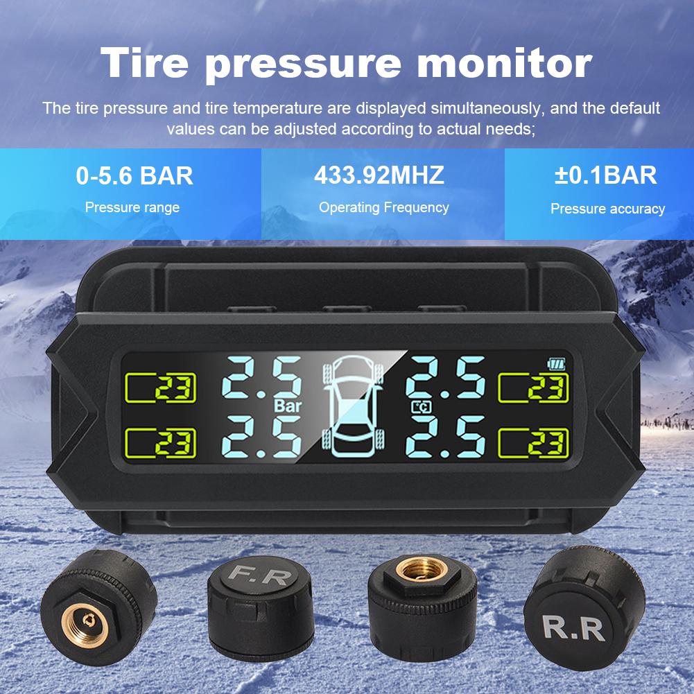 Солнечный датчик давления в шинах автомобиля, высокоточный TPMS, перезаряжаемый через USB, цифровой датчик давления в шинах, 4 внешних/внутренних датчика, 400 мАч