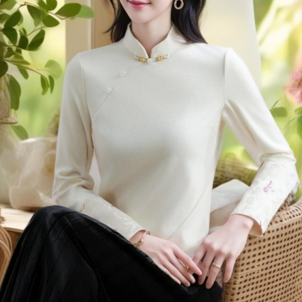 New Chinese Style White Inner Bottom Shirt Spring New Chinese Style Long-sleeved T-shirt Retro Top