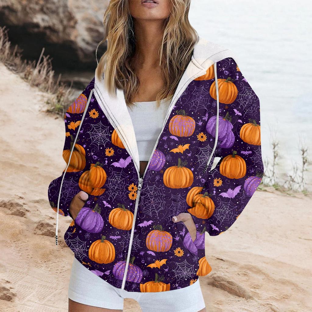 Женская модная повседневная толстовка с принтом на Хэллоуин, длинный рукав с карманом, кардиган, куртка, пальто с капюшоном на молнии