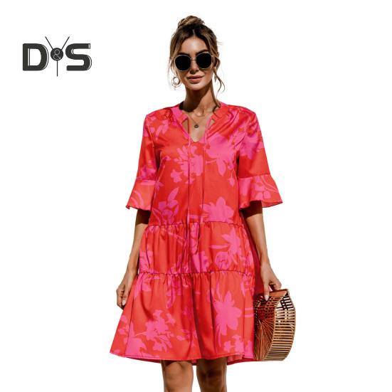 Женское летнее мини-платье с коротким рукавом и V-образным вырезом, плиссированное платье с принтом в стиле бохо, короткое платье-трапеция, пляжный многоярусный струящийся сарафан