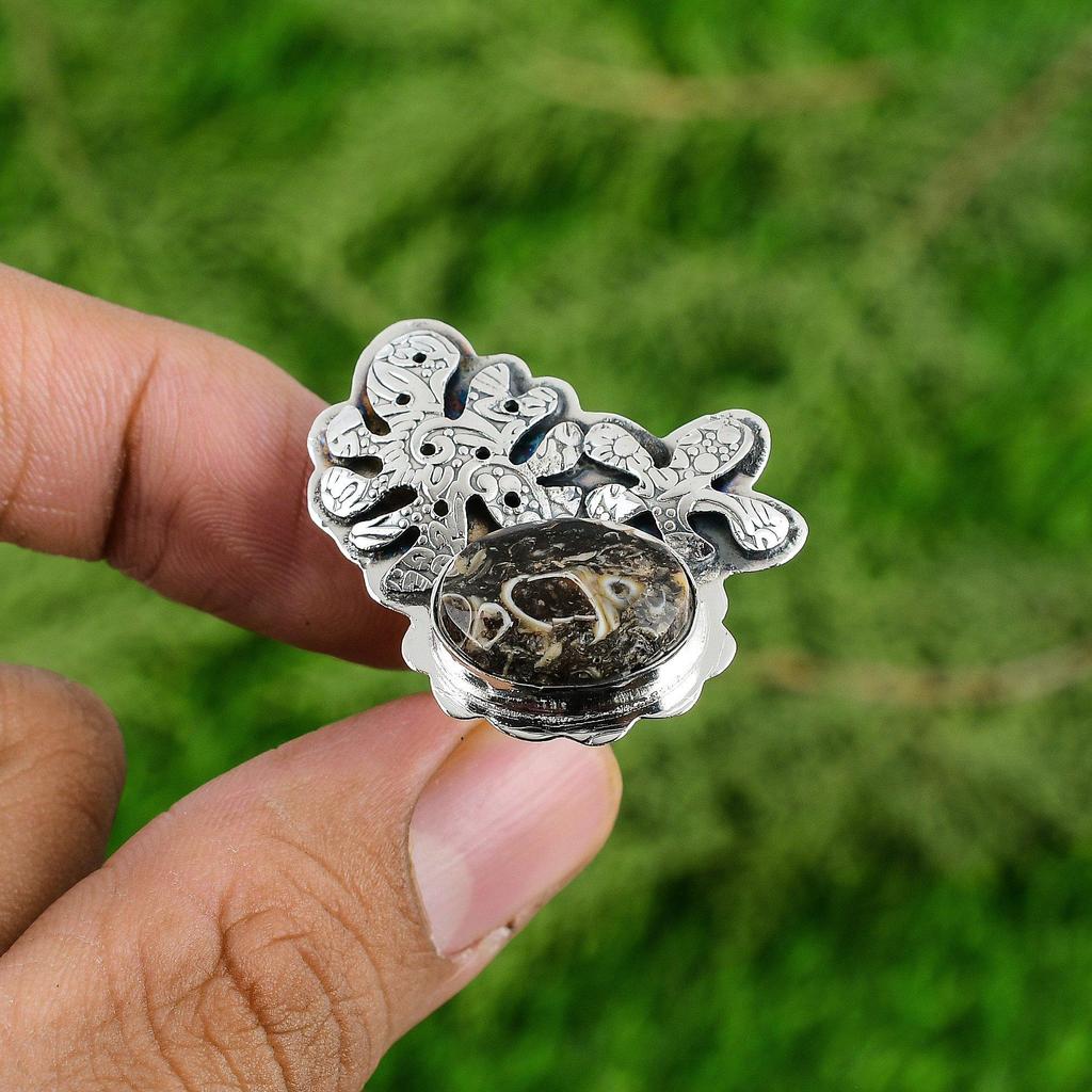 Gift For Her Natural Turritella Agate Solitaire Adjustable Ring 925 Silver