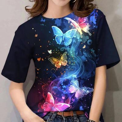 Летний топ с круглым вырезом и 3D-принтом в виде бабочек, модная повседневная женская футболка с короткими рукавами