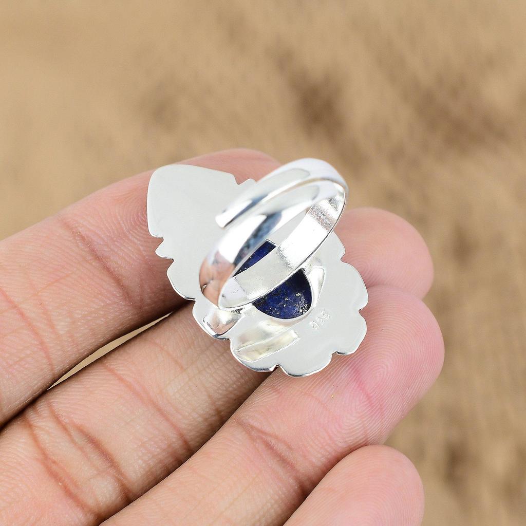 Natural Lapis Lazuli Gemstone Multi Stone Adjustable Ring 925 Silver For Girls