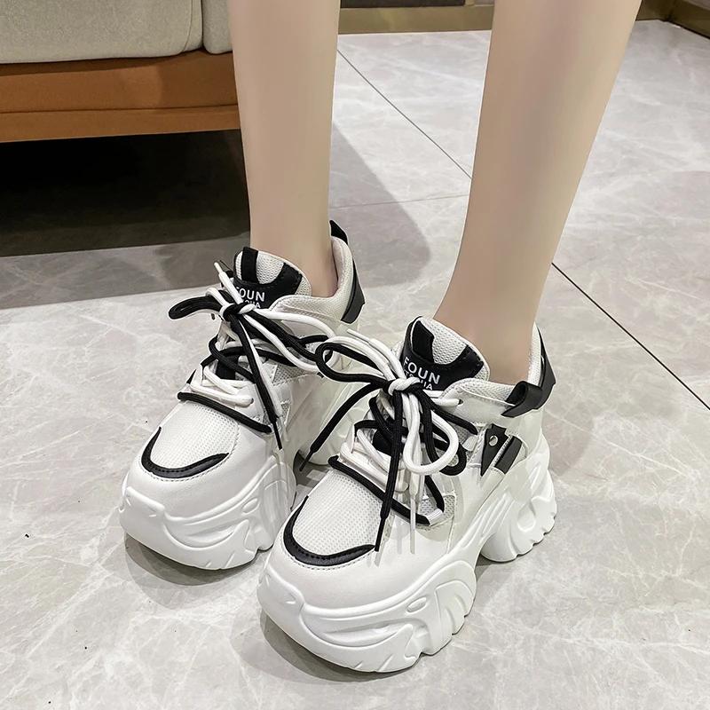 Fashion 10.5CM Women Platform Sneakers Lace-up Autumn Sports Dad Shoes High Top Chunky Casual Shoes Woman Thick Bottom Mesh White Shoes
