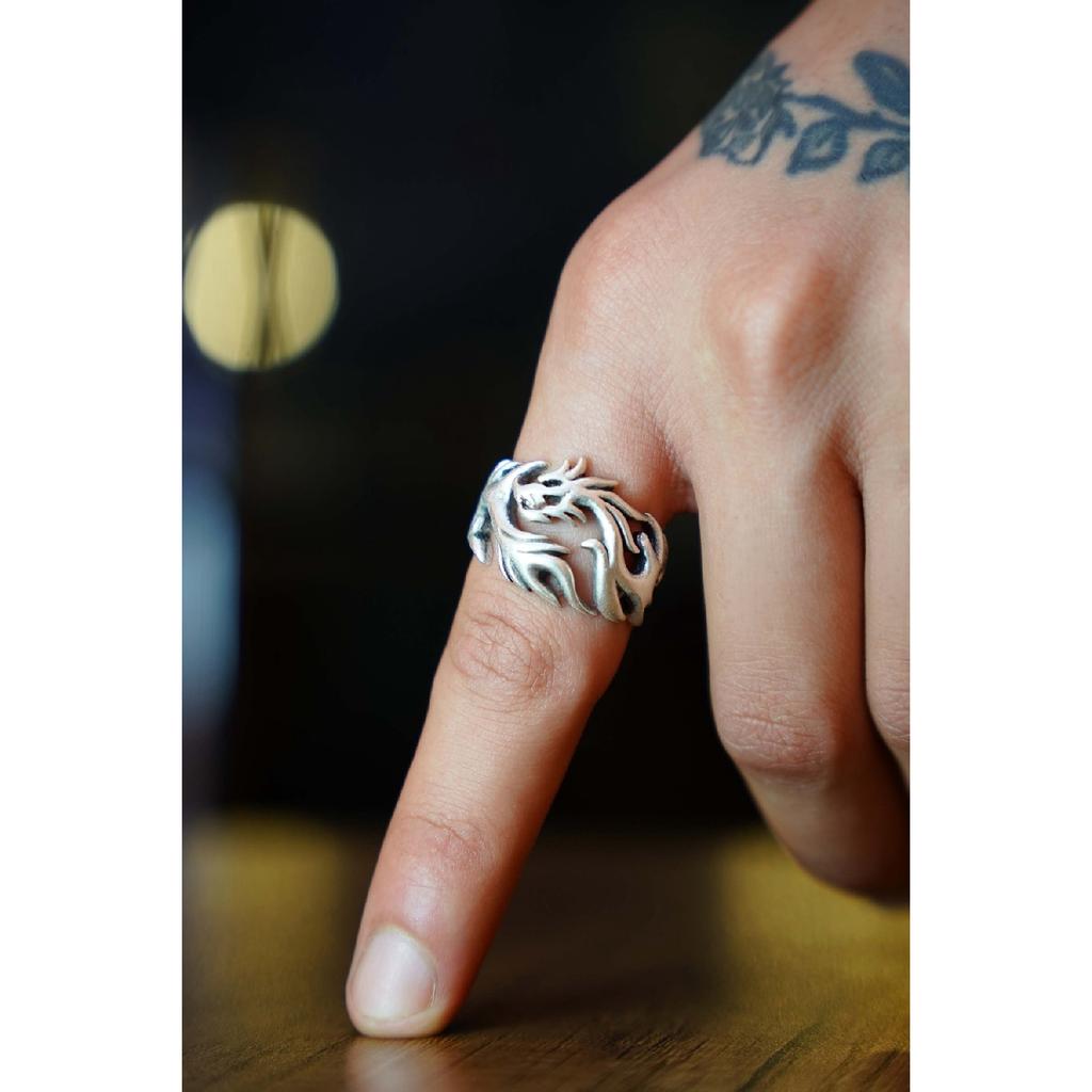 Регулируемое мужское посеребренное кольцо с фигуркой дракона