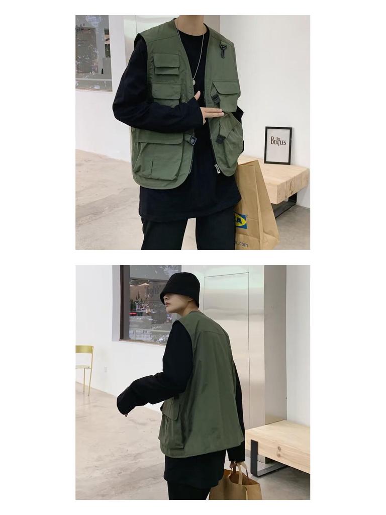 Мужской ретро японский уличный стиль жилет рабочей одежды с несколькими карманами, повседневный свободный крой, без рукавов, стиль национальной волны.