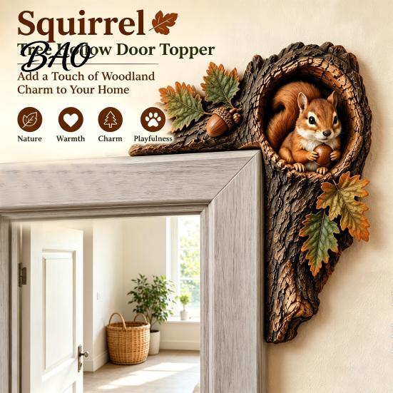 Rustic Tree Hole Wall Art Chipmunk Hollow Door Topper, Woodland Animal Frame Decoration, 3D Wood Cute Forest Creature Sculpture Corner for Farmhouse