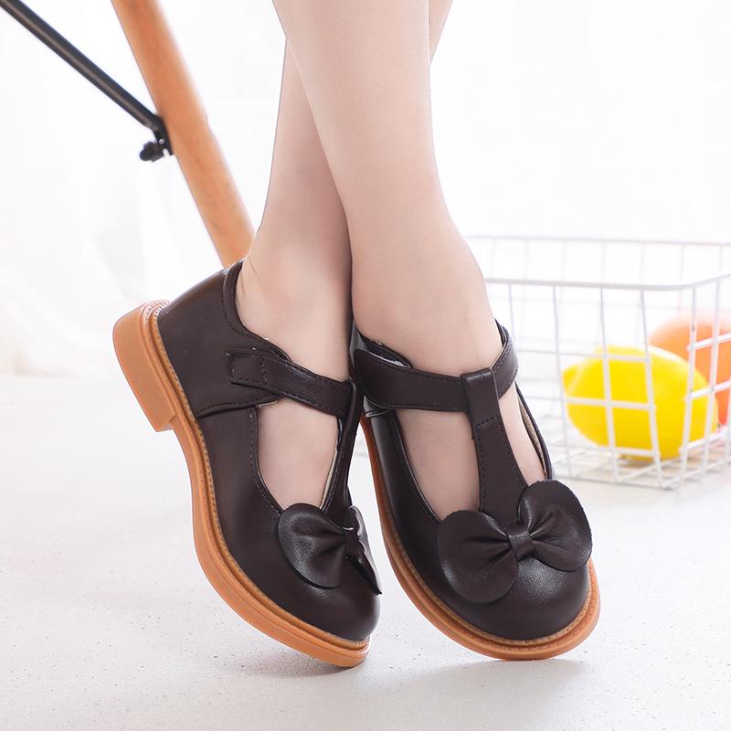 Children Leather Shoes for Girls Mediumn Big Kids School Shoes for Party Wedding Princess Sweet T-strap with Bow Comfortable New