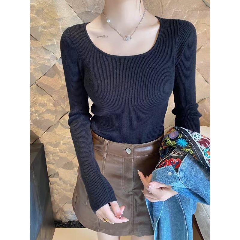 Модный женский однотонный свитер с квадратным вырезом, осенне-зимний, с длинным рукавом, внутренний топ, облегающий, низ, вязаные свитера, повседневный пуловер