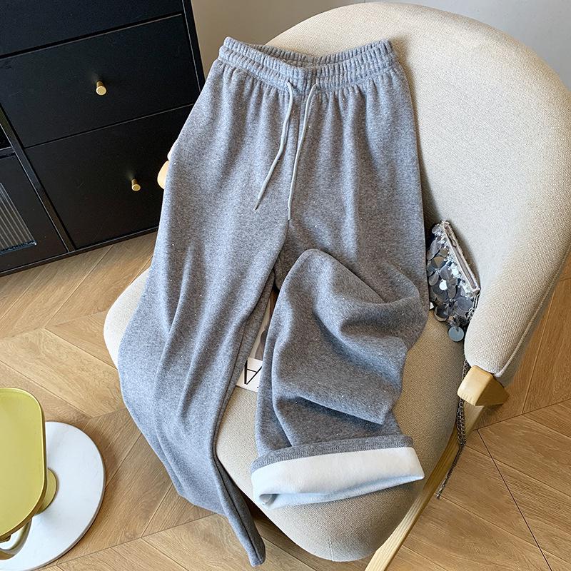 Heavy Rhinestone Velvet Cashmere Wide-Leg Pants - Women's Autumn/Winter Floor-Length Casual Sweatpants