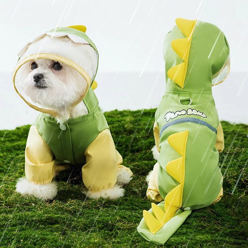 Teddy Cute Dinosaur Raincoat Leashable Bichon Frise Four Legs Waterproof Clothes Pet Rain Reflective Hoodie
