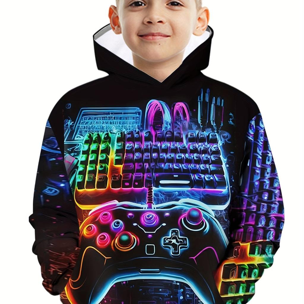 Stylish Boys 3D Print Long Sleeve Hoodie - Soft Slight Stretch Polyester Fabric, Regular Fit, Machine Washable, Random Pattern