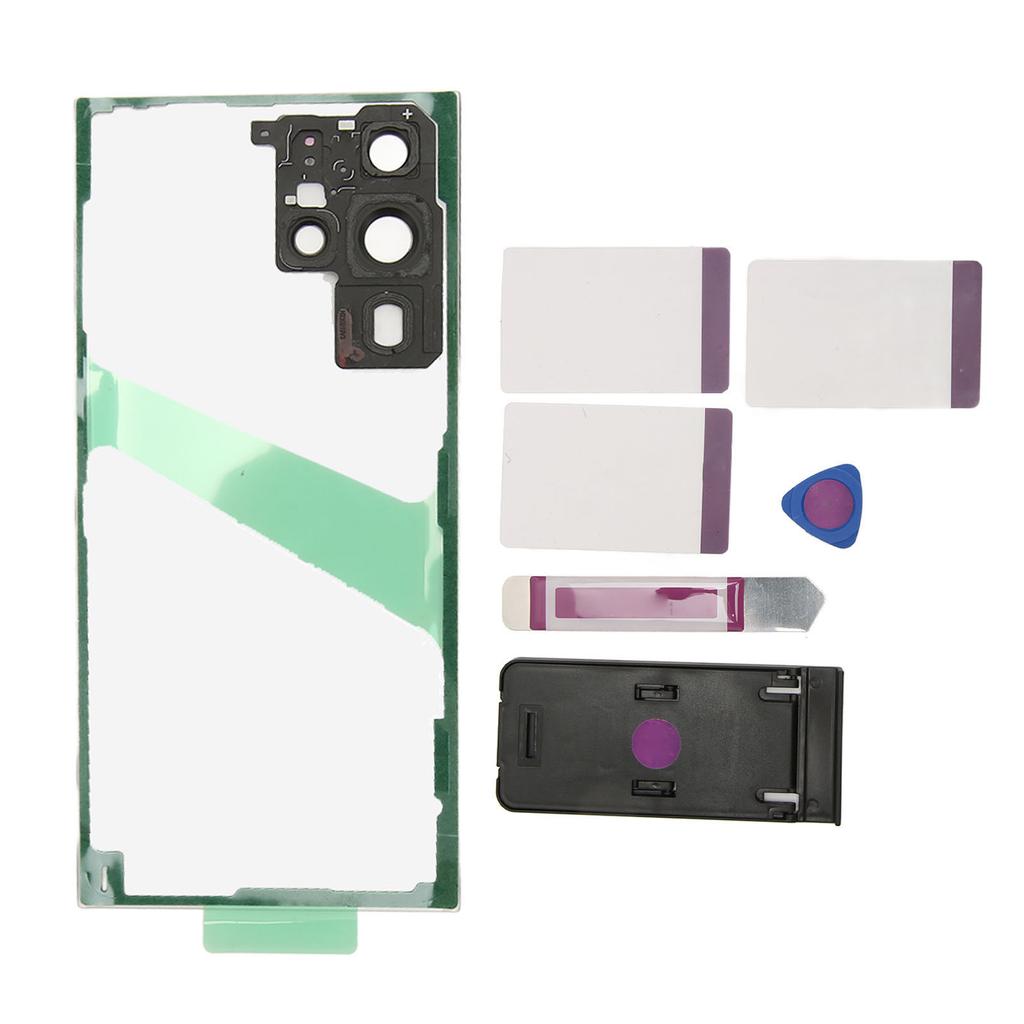 Back Glass Cover Replacement for Galaxy S22 Ultra with Pre Installed Camera Lens Tape Repair Tools Phone Stand Black