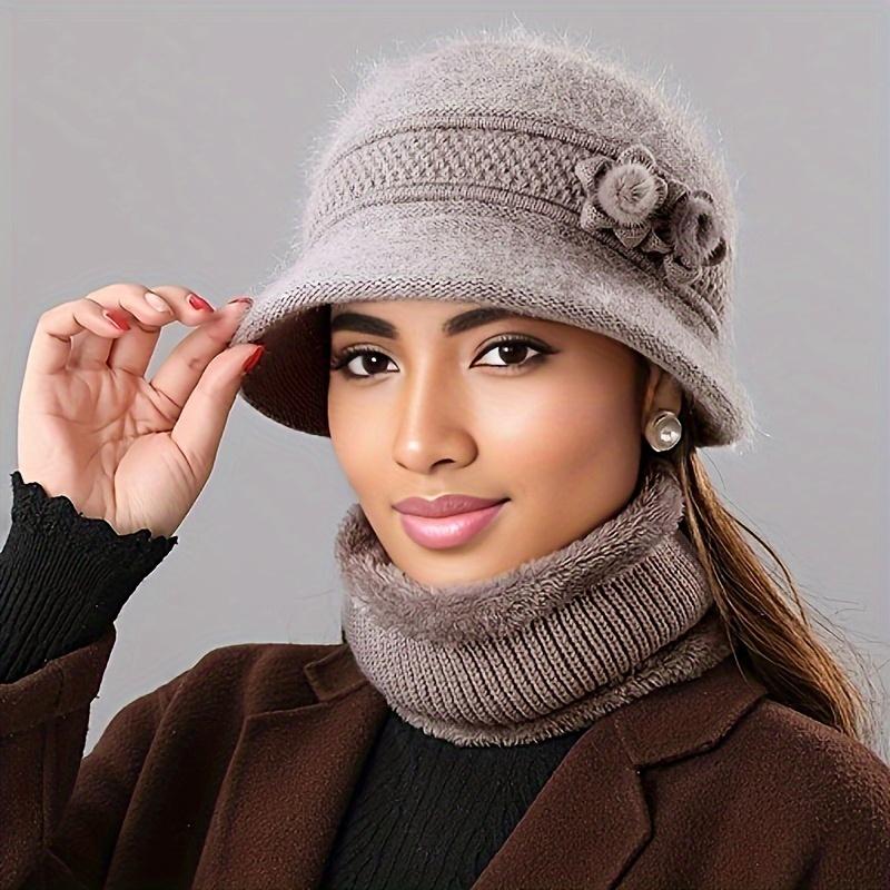 Elegant Winter Beanie For Women - Cozy Knit With Floral Accent, Perfect For Middle-Aged & Elderly, Stretch Fit, Hand Washable