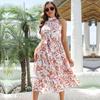 Vintage Print Halter Sleeveless Long Dress Women Spring Summer Holiday Lace Up Strap S-XL