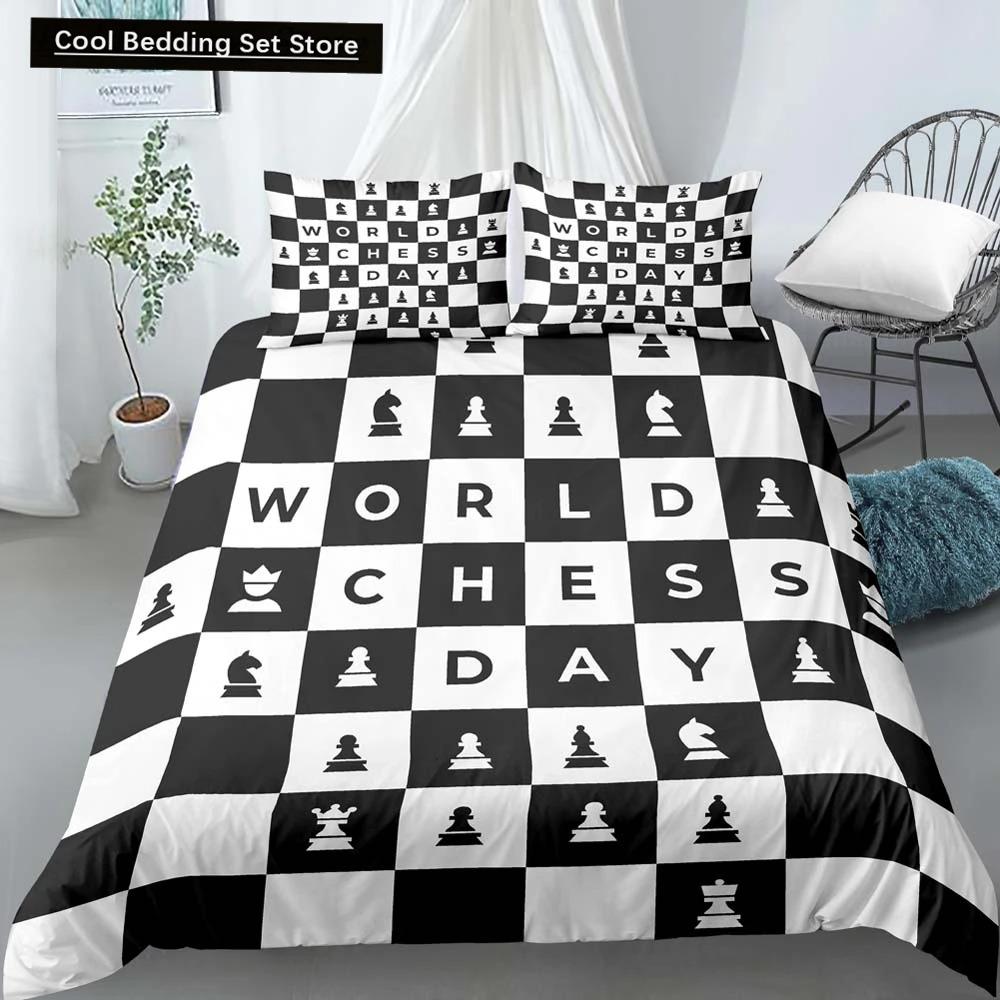 International Chess King Queen Duvet Cover Chess Board Bedding Set Black White Grid Quilt Cover Plaid Polyester Comforter Cover