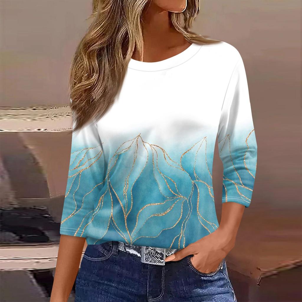 Женская футболка, модная повседневная футболка с круглым вырезом и рукавом 3/4, свободная футболка с принтом, женская футболка