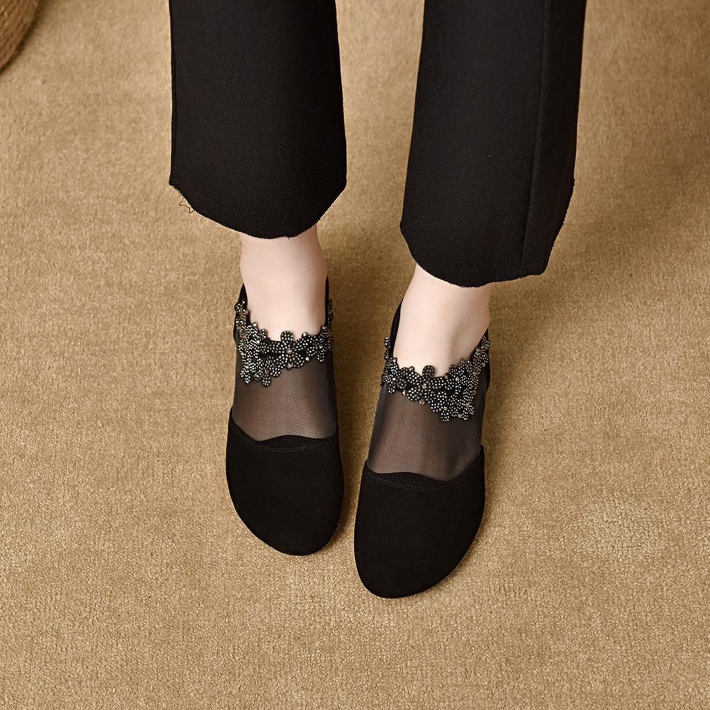 Round Head Mesh Single Shoes Women's Spring and Summer New Black Sheepskin Flat Bottom Deep Mouth Flower Hot Diamond Mesh Shoes