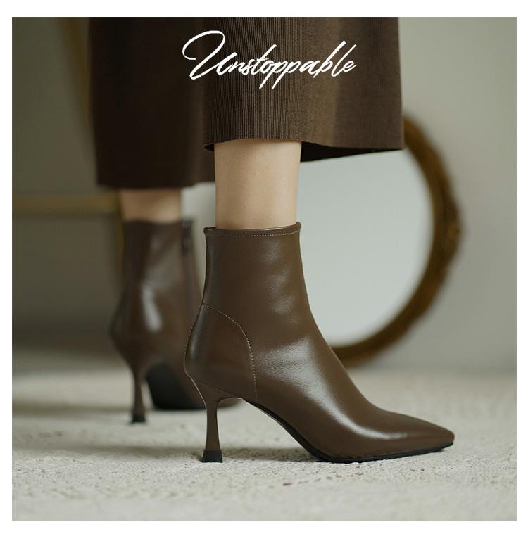 Модные туфли на среднем каблуке с тонким каблуком, современные ботинки с острым носком, 2024 г., высококачественные женские однотонные ботинки на молнии, лаконичные осенние женские ботинки