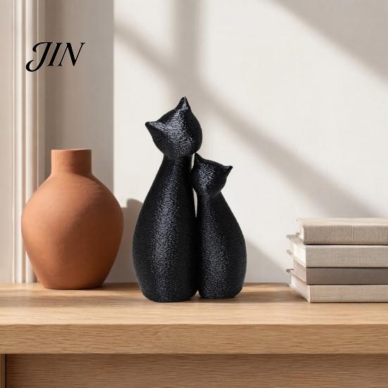 Cat Themed Home Decor Cute Black Statue, 3D Printed Figurine with Snuggle Pose, Heart Warming Minimalist Desk Shelf for Office, Gift Lovers Art
