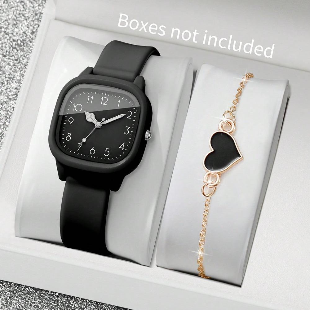 2PCS/Set Square Dial Women Watch Silicone Strap Arabic Dial Watch Women Quartz Watch Casual Wear
