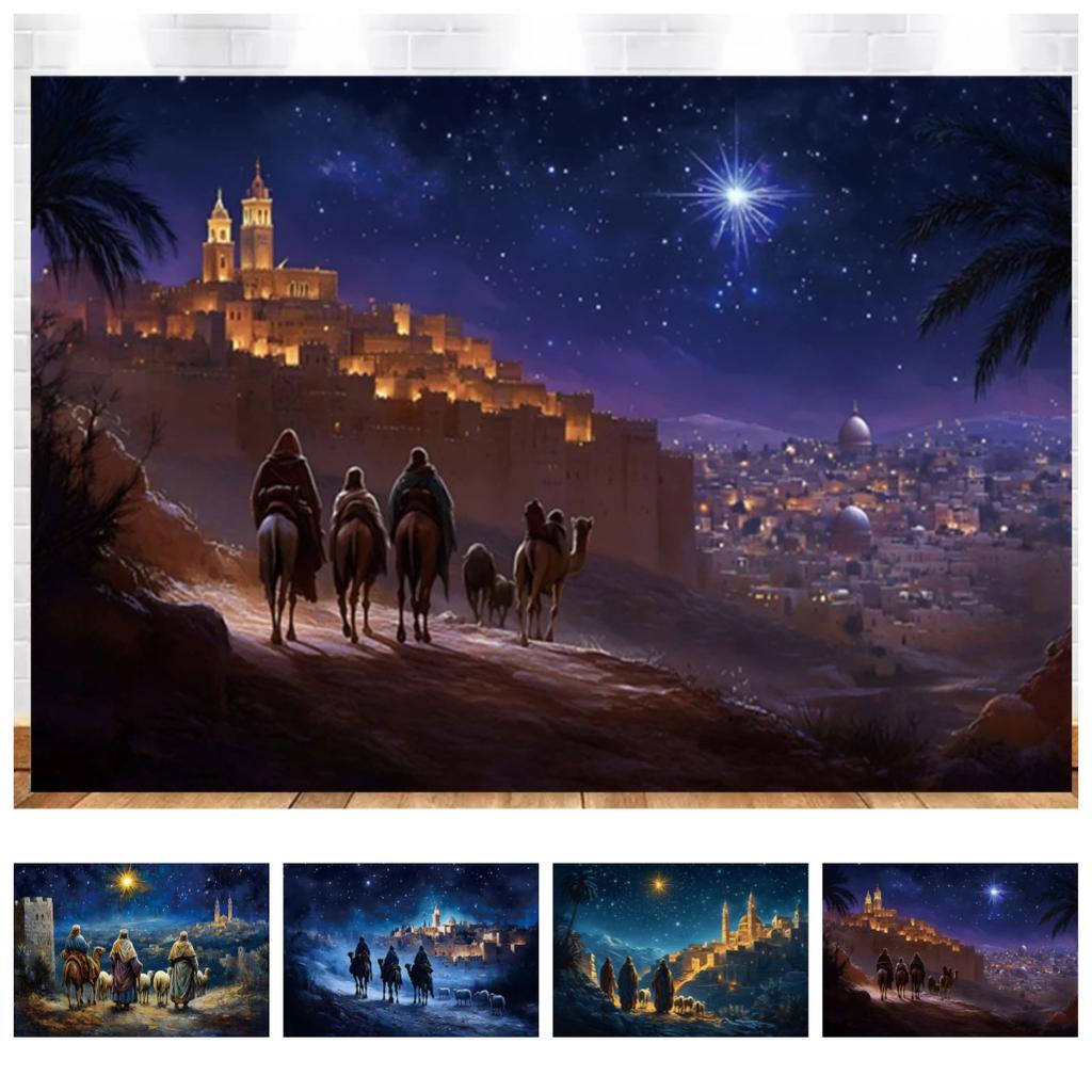 Christmas Birth of Jesus Backdrops Gothic Architecture Holy Night Camel Pilgrimage Christ Nativity Scene Photo Background Studio