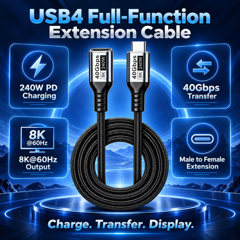 240W PD USB4 Extension Cable 40Gbps Type-C Extender USB-C Extension Cord Laptop Connection