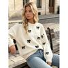 Womens Long Sleeve Knit Sweater With Bow Detail Jacquard Loose Fit Crew Neck Pullover