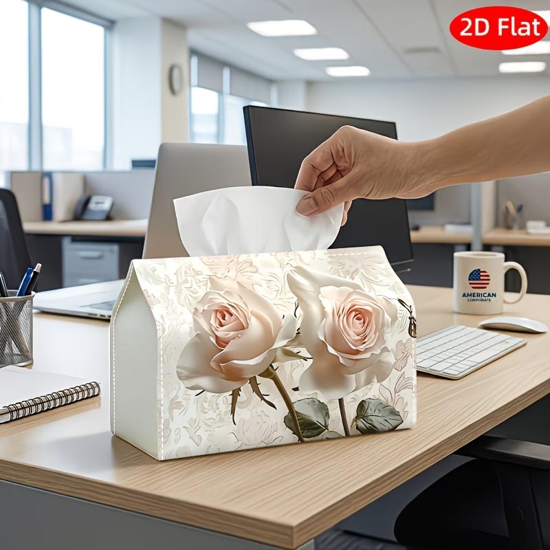 2D Flat, 1pc Tissue Box, Printed on Both Sides, Tissue Box with Checkered Lid Beige Roses on Textured Beige Design, Durable Fabric Multi Functional De