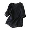 Women's Solid Color Cotton And Linen Short-sleeved Embroidered Retro Breathable T-shirt Round Neck Top
