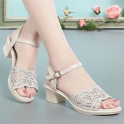 Летние мягкие кожаные сандалии женские мягкие подошвы толстый каблук женские туфли босоножки на среднем каблуке