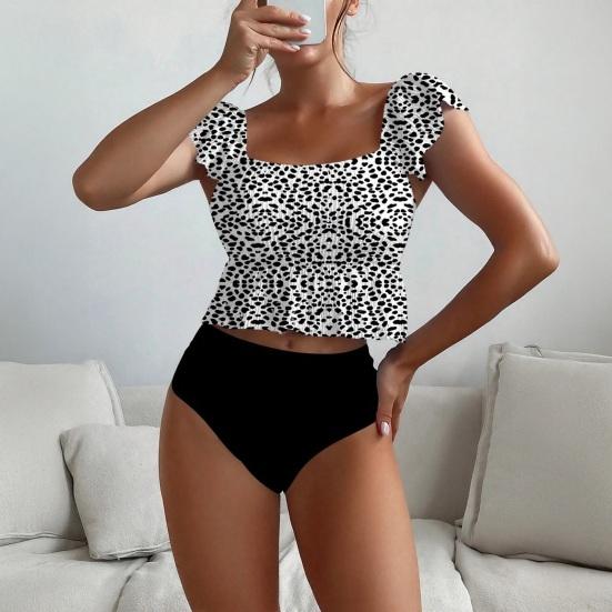 2 шт./комплект Женский купальник Комплект Квадратный вырез Воланы Короткий рукав Полосатый принт Топы Высокая талия Плавки Комплект купальных костюмов
