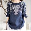 Women Casual Ruffles Flower Embroidered Half Sleeve Blouse Bat Sleeve O Neck Ladies Cotton Tops