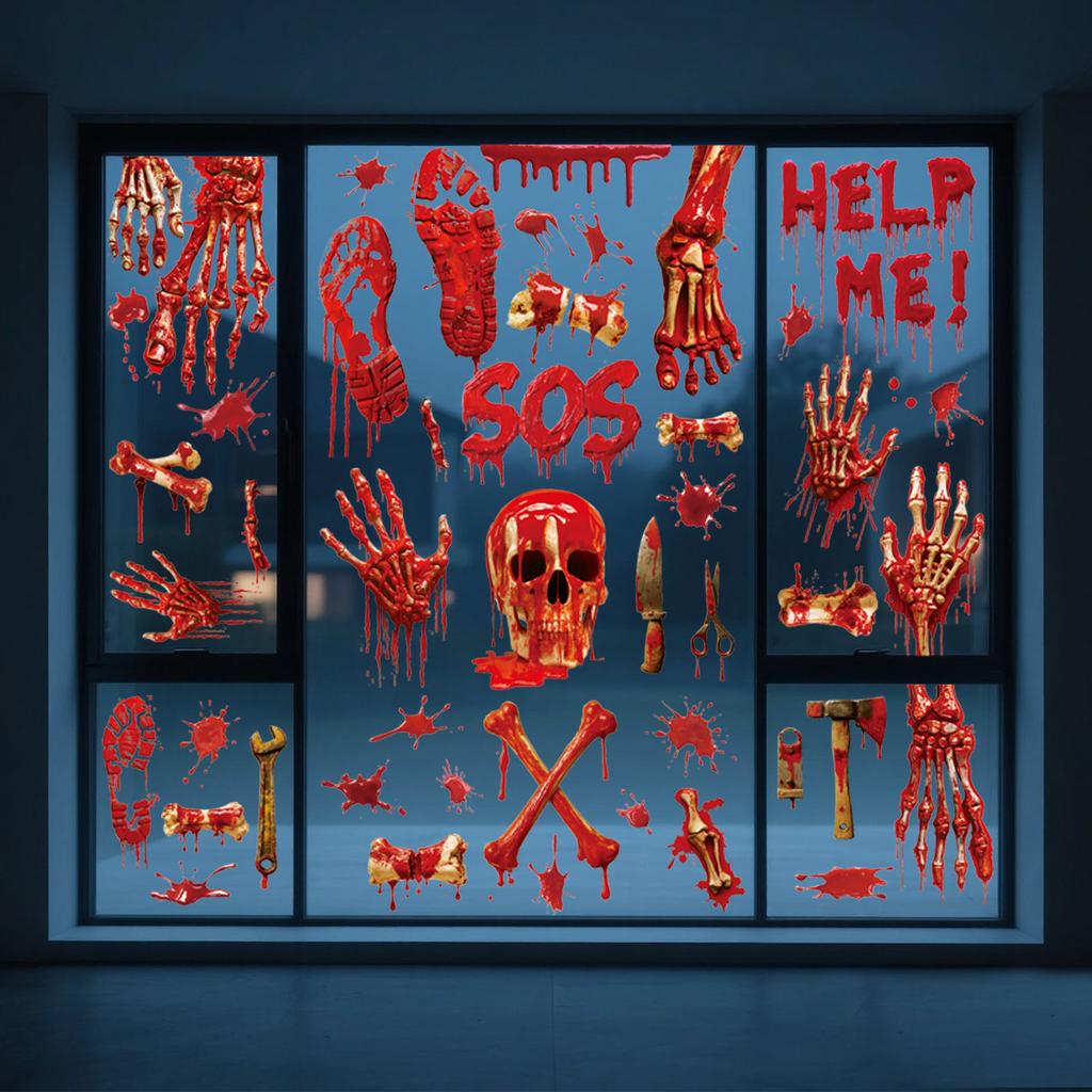 Halloween Window Clings Set Scary Bloody Handprint Sticker 3D Skeleton Head Horror Party Decor
