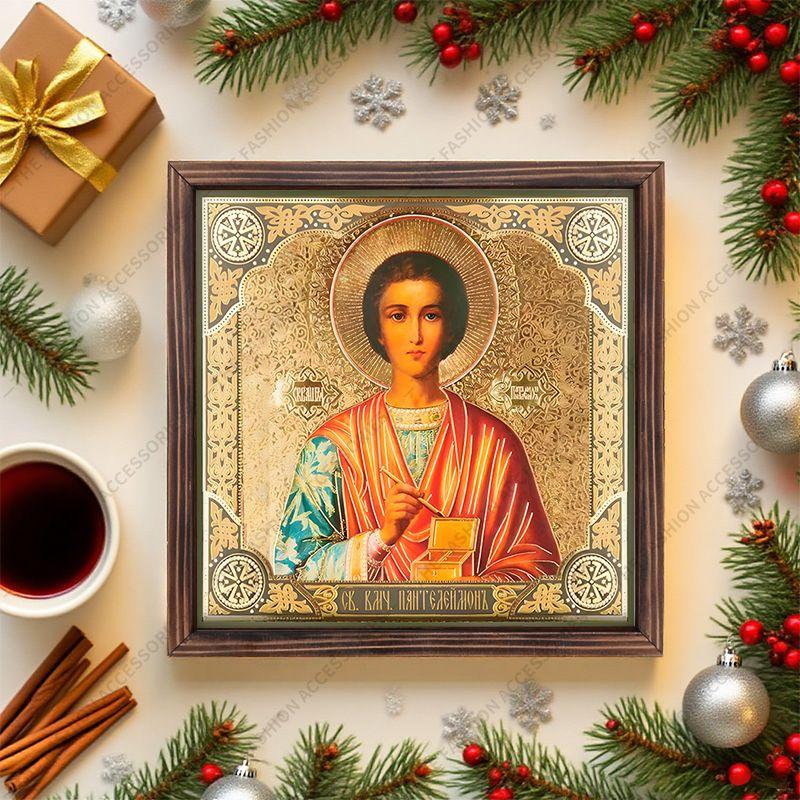 Декоративная роспись православных икон, Освященная икона "Святой Пантелеимон Целитель", Роспись фоторамки, Христианское настенное искусство, 20см*20см, Духовный подарок