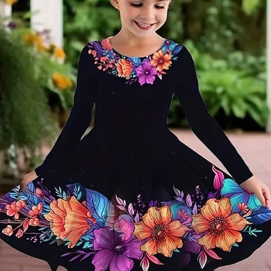 Повседневное платье для девочки с 3D-принтом, круглым вырезом и длинными рукавами, детское платье принцессы