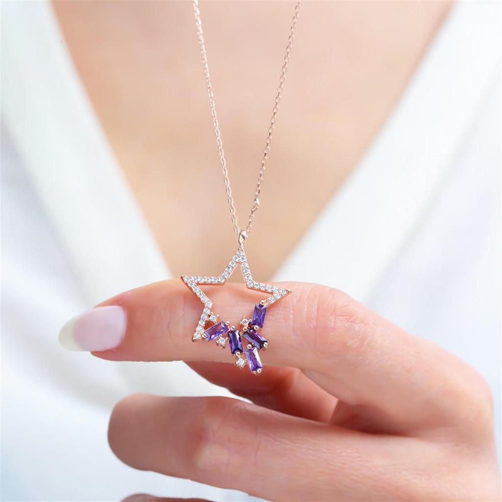 Amethyst Baguette Stone Star Reflection Rose Color Silver Necklace