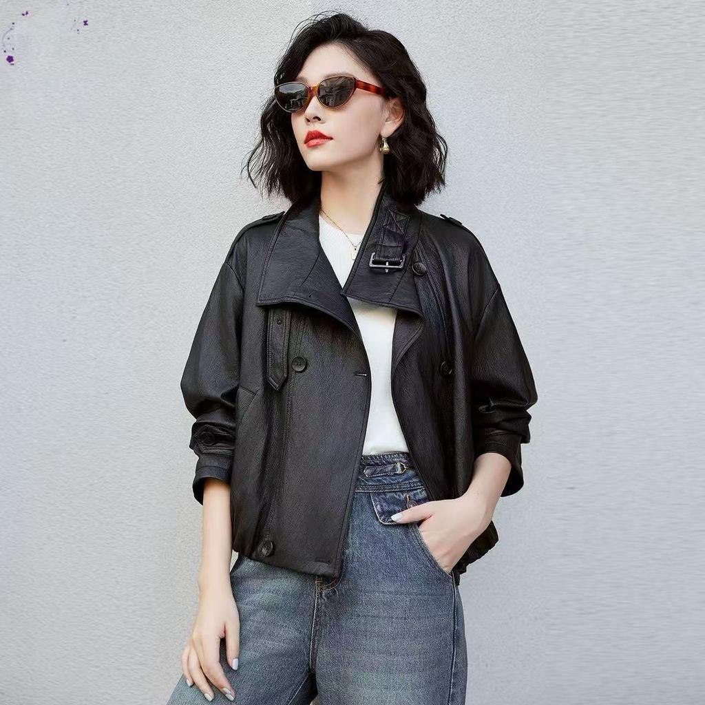Женская осенняя кожаная мотокуртка в американском стиле 2025 года со стойкой