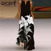 Summer Women's Sleeveless Long V-Neck Printed Jade Flower Dresses