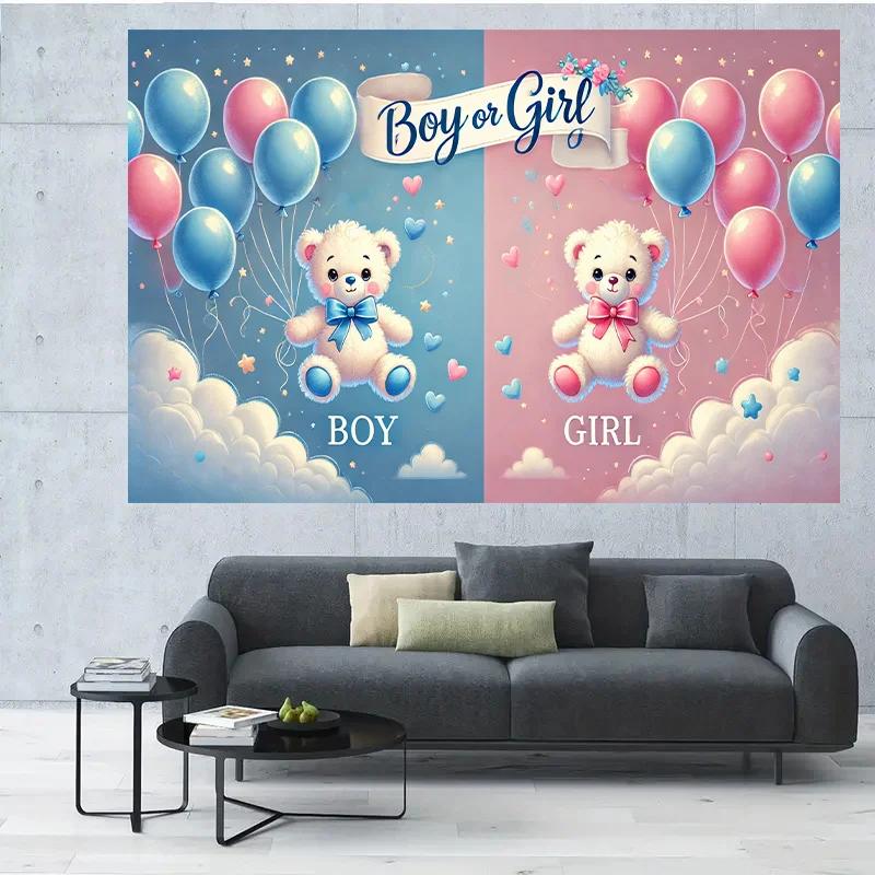 A background featuring a blue and pink bear for a gender reveal party made of polyester material