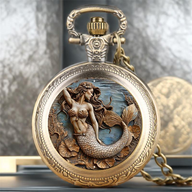 Vintage Pocket Watch Mermaid Clock with Necklace Chain Lovers Pendant Gift