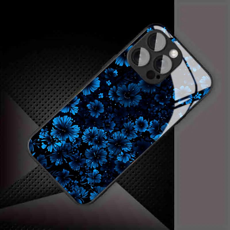 Сине-черный Цветочный Чехол из Закаленного Стекла для Телефона iPhone 17 16 Pro Max 15 14 Plus 13 12 11 Pro 16E 17Air X XR XS MAX 7 8 SE2