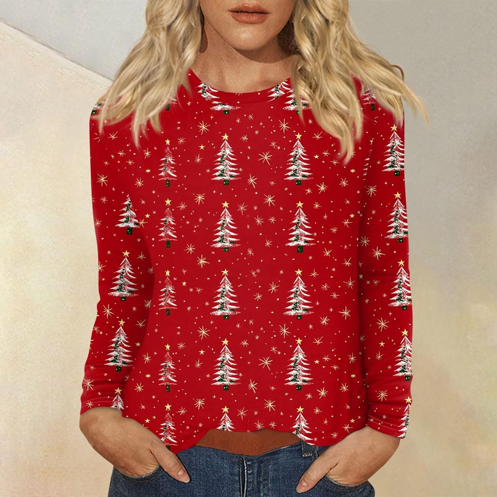 Рубашки с длинным рукавом для женщин, милые футболки с принтом на Рождество, блузки, повседневные топы больших размеров, пуловеры