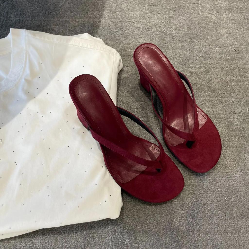 Модные шлепанцы через палец, французский ретро, высококлассные, женские тапочки на высоком каблуке, летние толстые каблуки для улицы