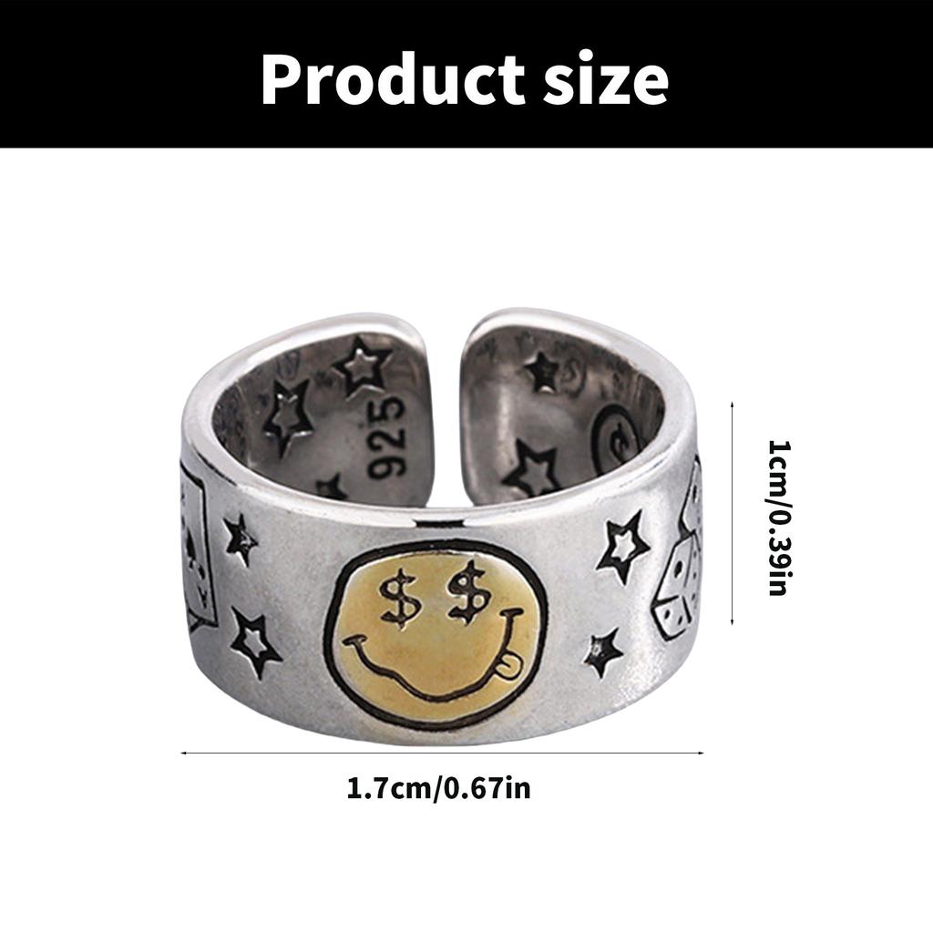 Vintage Smile Face Poker Dices Star Opening Ring Adjustable Ring Jewelry for Fashion Enthusiasts and Retro Lovers