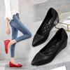 Women's Black Leather Medium Heel Pointed-Toe Work Shoes - Spring 2025 Comfortable Versatile Low-Cut Wedge